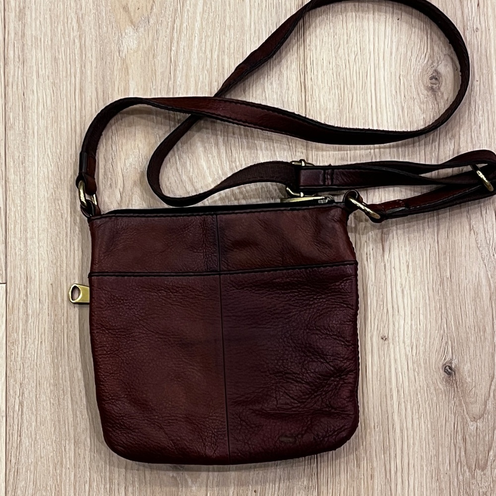 Fossil Authentic Dark Brown Leather Mini Crossbody Double Zip w/ Brass Hardware - Picture 7 of 7